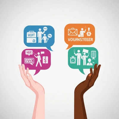 Stylized image of hands holding up speech bubbles with diverse icons representing different forms of civic engagement like voting, protesting, and social media, clean background, no text, no words, no typography