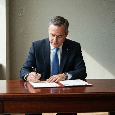 Mayor signing an official document on a polished desk, symbolizing policy implementation