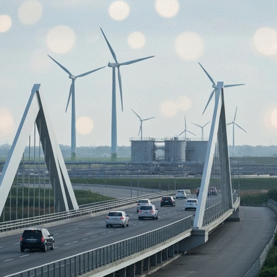 Close-up of a modern bridge with cars, wind turbines in the background, and a clean water treatment facility, representing critical infrastructure sectors