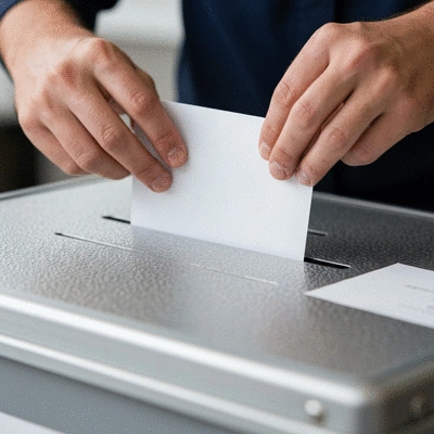 Close-up of hands placing a ballot into a secure ballot box, emphasizing the integrity and security of the vote counting process, no text, no words, no typography, no labels, clean image