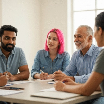 A diverse group of citizens engaging in a civic discussion, symbolizing informed participation