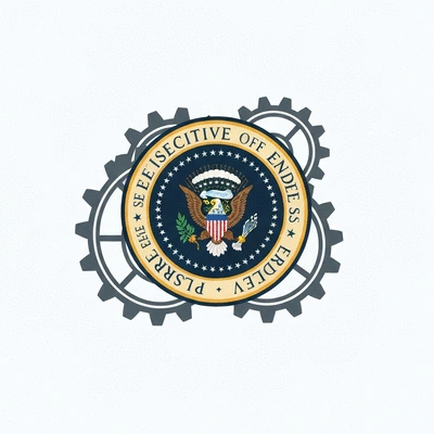 Stylized graphic illustrating the concept of an executive order with gears and a presidential seal