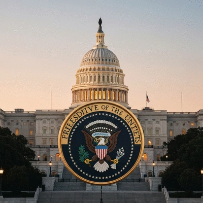 Presidential seal over a backdrop of the U.S. Capitol building, symbolizing executive leadership