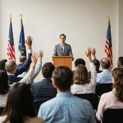 Diverse group of people engaging in a town hall meeting, hands raised to ask questions, a representative speaking from a podium, no text, no words, no typography, clean image