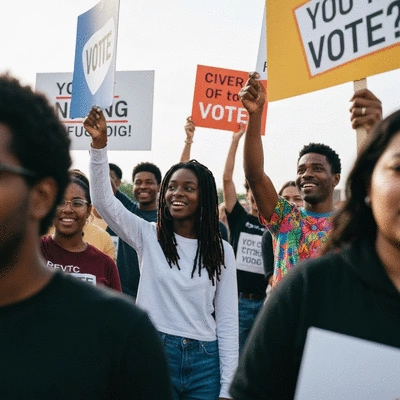 A diverse group of people actively participating in a community outreach event, holding signs encouraging voting
