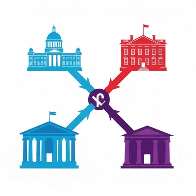 Stylized representation of the three branches of government: legislative, executive, judicial, with connecting lines showing checks and balances, no text, no words, no typography, clean image