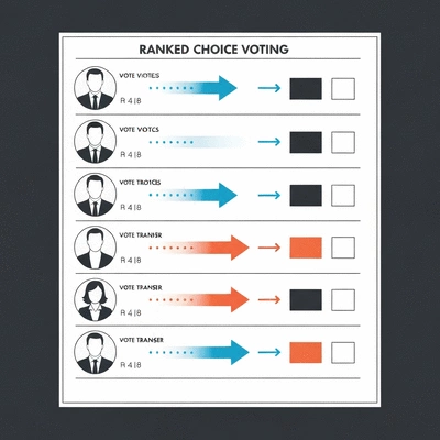 Illustration of a ranked choice voting ballot and the vote redistribution process