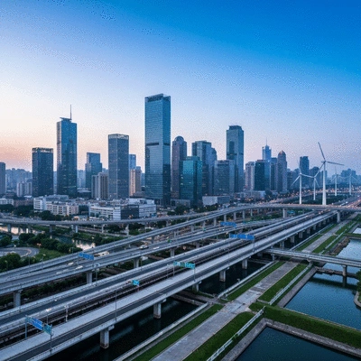 Modern city skyline with visible transportation networks, energy grids, and water systems, representing infrastructure