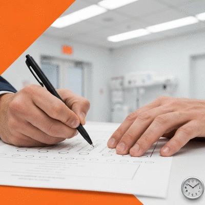 Person's hands filling out a ranked-choice voting ballot with a pen, showing choices being made carefully. Clean, well-lit setting.
