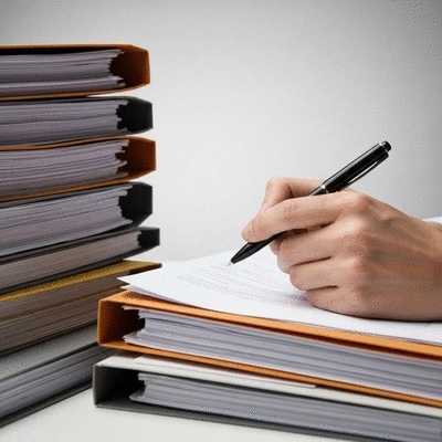 Close-up of hands reviewing official looking documents with a pen, surrounded by a stack of files, symbolizing administrative tasks and record keeping, no text, no words, no typography, clean image