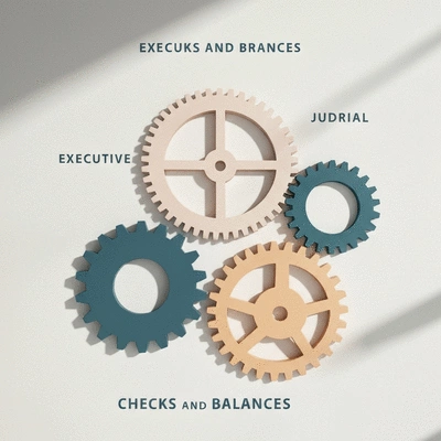 Stylized representation of the three branches of government interconnected by gears, symbolizing checks and balances