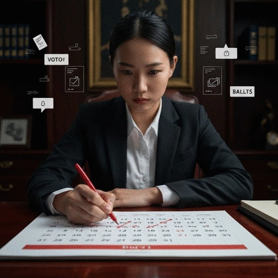 Person marking a calendar with election dates, surrounded by voting-related icons