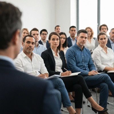Diverse group of people in a town hall meeting, actively listening and engaging with a speaker, symbolizing civic engagement, no text, no words, no typography