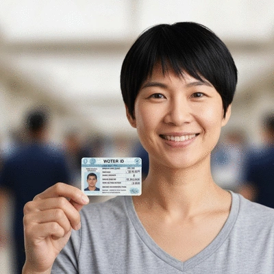 Person holding a voter ID card with a blurred election background, no text, no words, no typography, clean image