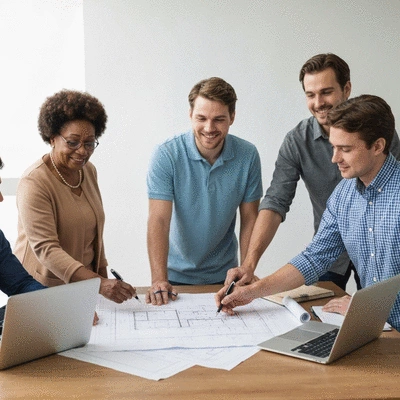 Diverse group of community members collaborating on a city planning project, with blueprints and laptops on a table, symbolizing local government engagement, no text, no words, no typography, clean image