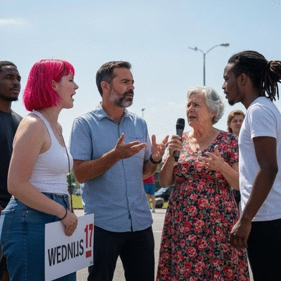 Diverse group of people engaged in a political discussion, some holding signs, diverse ages and backgrounds, clear and bright, no text, no words, no typography, 8K