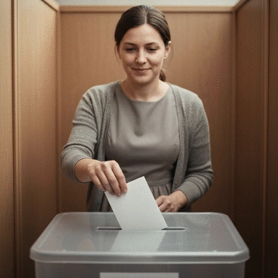 Person casting a vote in a private voting booth at a polling place