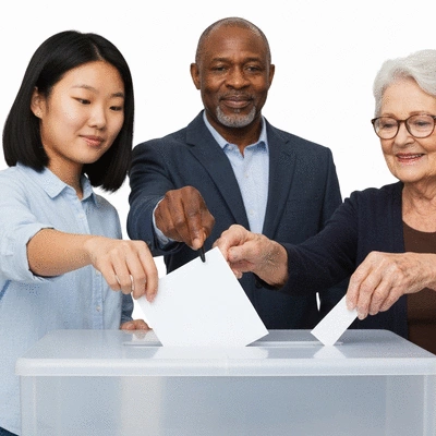 Diverse group of people casting ballots into a modern voting box, hands visible, clean background, no text, no words, no typography, no labels, 8K, natural lighting