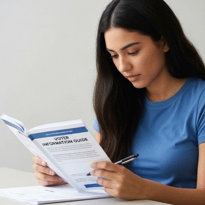 Person reading a voter information guide, focusing on a ballot measure section, with a pen in hand, no text, no words, no typography, no labels, clean image