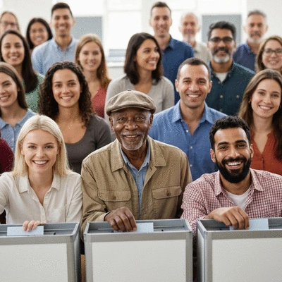 Diverse group of citizens engaged in a democratic process, with voting booths and positive expressions