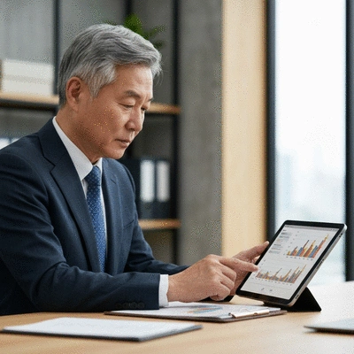 Government official reviewing economic data on a digital tablet