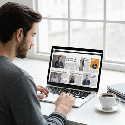 Person using a laptop with news articles about politics, a cup of coffee on the desk, natural light, clean modern setting, no text, no words, no typography, 8K