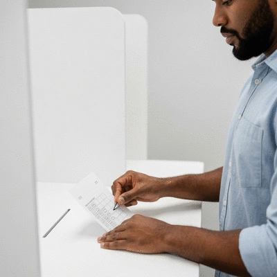 Person marking a ballot in a voting booth