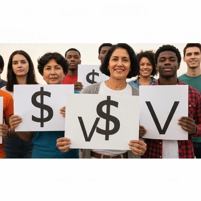 Diverse group of people holding up signs with dollar signs and voting symbols, representing campaign finance and voter engagement, no text, no words, no typography, clean image