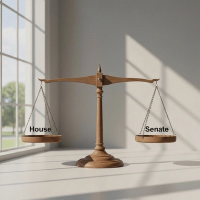 Conceptual image of balancing scales, one side labeled 'House' and the other 'Senate', representing checks and balances in government, no text, no words, no typography