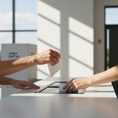 Person casting a ballot in an early voting booth, diverse hands, clean environment