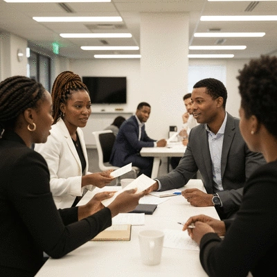 Diverse group of people in a professional setting, some holding signs or notes, engaged in a discussion, representing an advocacy group meeting. Bright, modern office, no text, no words, no typography, no labels, clean image.