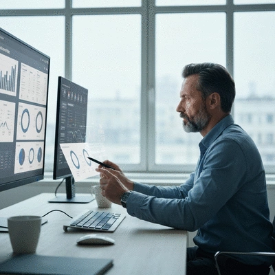Recruiter analyzing candidate profiles on a large screen with data visualizations
