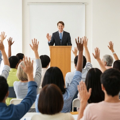 Diverse group of citizens engaging in a town hall meeting, hands raised for questions, government official speaking at a podium, focus on community engagement, no text, no words, no typography, no labels, clean image