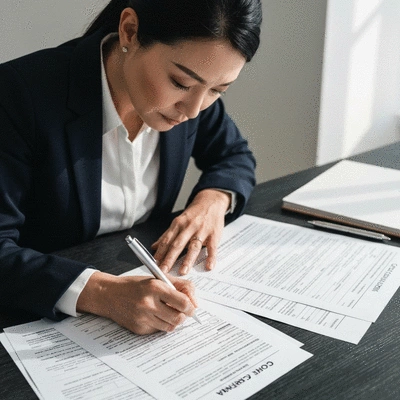 Close-up of a person filling out candidate filing forms, with a pen in hand and official documents spread on a desk.