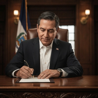 Governor signing a bill at a desk with state flag in background, no text, no words, no typography