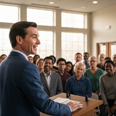 Political candidate speaking to a diverse group of voters in a community hall