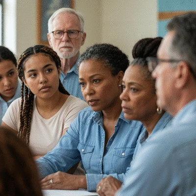 A diverse group of people discussing voter ID laws at a community meeting