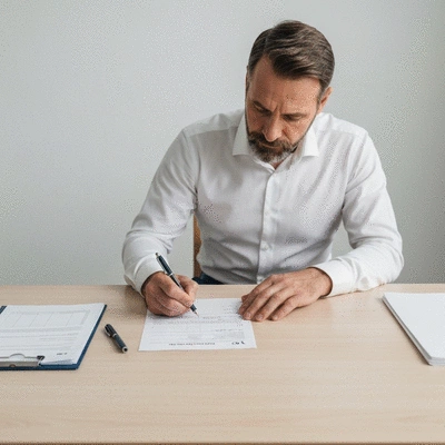 Person filling out a voter registration form at a desk