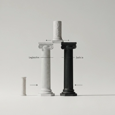 Three distinct pillars representing legislative, executive, and judicial branches, with arrows showing interaction and balance