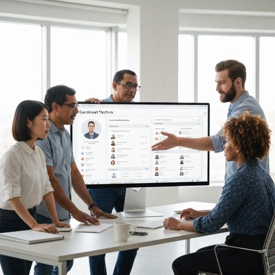 Diverse team collaborating on candidate platform interface