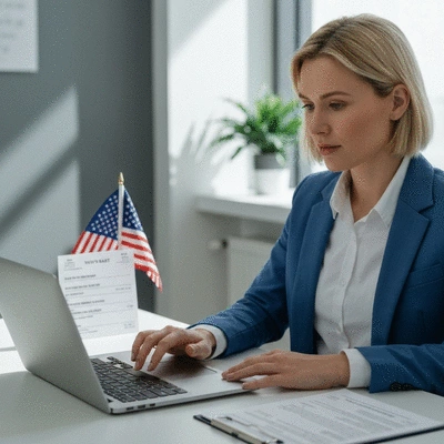 Person using a laptop to check voter registration status online, with a ballot on the table