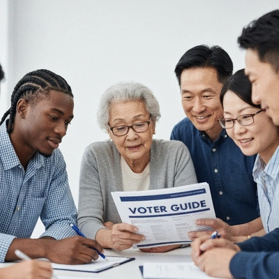 Diverse group of people engaged in a community discussion about local elections, looking at a printed voter guide, with a positive and engaged atmosphere, no text, no words, no typography, no labels, clean image