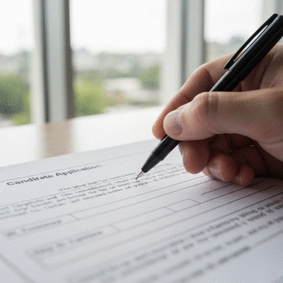 Close-up of a hand filling out a government form with a pen, focus on the 'Candidate Application' section, no text, no words, no typography, no labels, clean image
