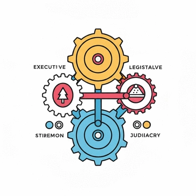 Stylized graphic showing three interconnected government branches, symbolizing checks and balances. No text, no words, no typography, no labels, clean image.