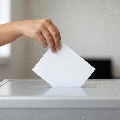 Close-up of hands holding a ballot and dropping it into a ballot box, emphasizing the act of voting and civic engagement