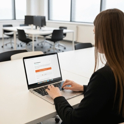 Person using a laptop with accessibility features enabled, clean modern office setting, representing digital accessibility, no text, no words, no typography, no labels, clean image