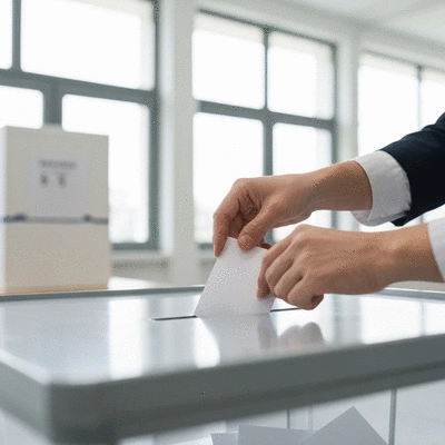 Close-up of hands placing a ballot into a ballot box