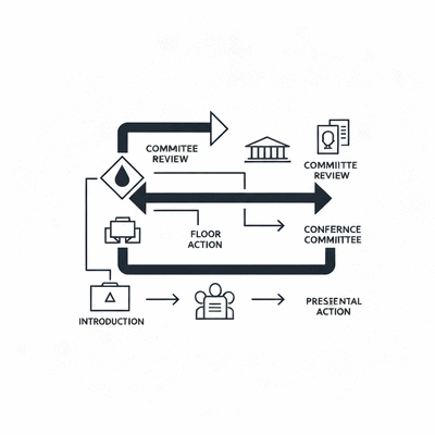 Stylized graphic illustrating the legislative process with arrows and icons representing each stage: Introduction, Committee Review, Floor Action, Conference Committee, Presidential Action. Clean, modern design, no text, no words, no typography, no labels, clean image.