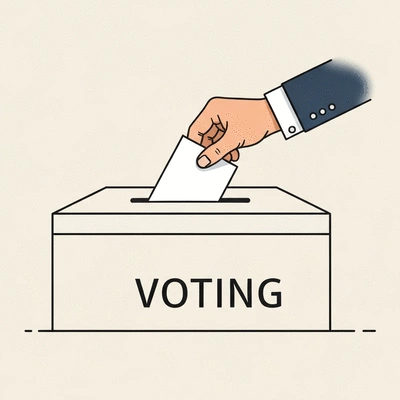 Digital representation of a voting ballot box with a hand placing a vote, symbolizing citizen participation in democracy, clean, modern, no text, no words, no typography, no labels, clean image