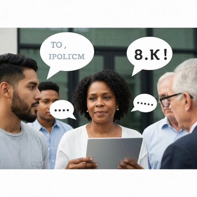 Diverse group of people engaged in a political discussion, with speech bubbles representing different viewpoints, clean image, no text, no words, no typography